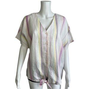 Three Dots Short Sleeves Tie Front Button-down Top - L